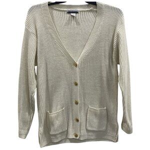 Ivory Cardigan Sweater Womens S Gold Buttons Cable Knit Old Money Quiet Luxury